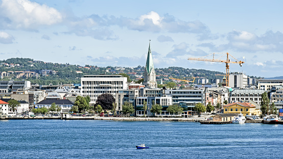Kristiansand, Norway - July 19, 2017: Panorama of the Norwegian city Kristansand, seen from the seaside