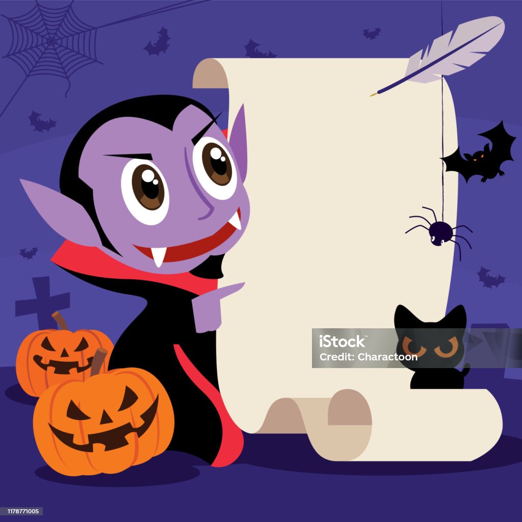 Ilustración de Feliz Halloween Dibujos Animados Lindo Vampiro Drácula Con Cartel De Papel Retro Y Pluma De Plumas En Fondo Grave Carácter Vectorial y más Vectores Libres de Derechos de Halloween - Ilustración de Feliz Halloween Dibujos Animados Lindo Vampiro Drácula Con Cartel De Papel Retro Y Pluma De Plumas En Fondo Grave Carácter Vectorial y más Vectores Libres de Derechos de Halloween -