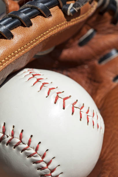 a worn baseball and a brown leather glove resting on green grass and fallen leaves, with a soft-focus bokeh background and copy space. sports design element.