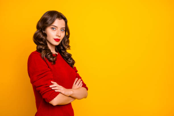 istock Copyspace photo of charming cute nice beautiful attractive journalist standing with hands folded confident isolated bright background 1178773417