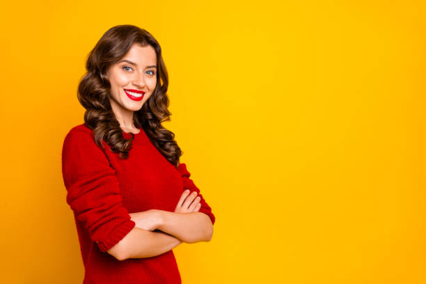 istock Photo of trendy cheerful charming pretty sweet lovely programmer creating copyspace standing confidently hands folded isolated vibrant color background 1178773495