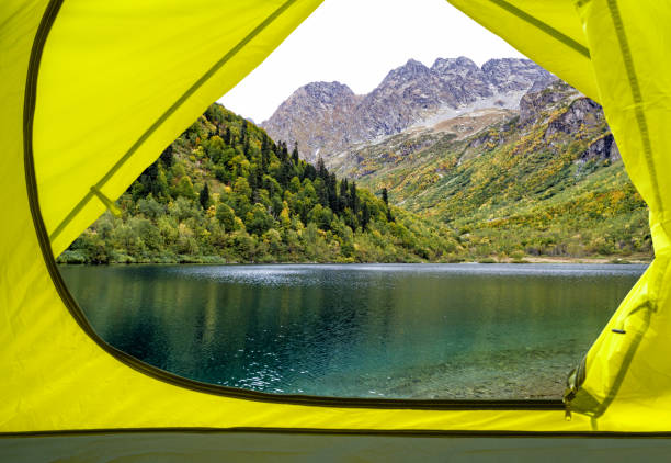 View from inside of yellow camping tent on mountain lake and wood. Travel background