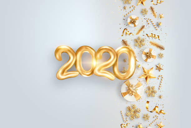 istock Lettering 2020 happy new year. Gold metallic numbers 2020 on a light background. 3d illustration, 3D render. Festive design of merry christmas. 1178774708