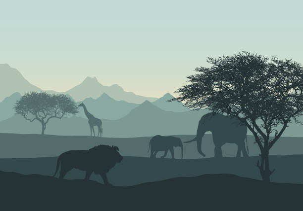 動物や木と山のアフリカの風景やサファリの現実的なイラスト。サバンナの緑の空の下にカブ、ライオン、キリンを持つ象 - ベクトル - animal cartoon zoo safari点のイラスト素材／クリップアート素材／マンガ素材／アイコン素材