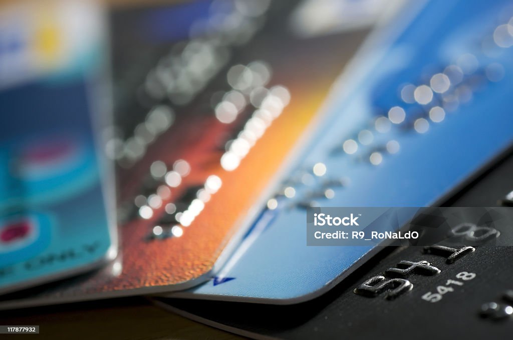 close-up de vários cartões de crédito - Foto de stock de Abstrato royalty-free