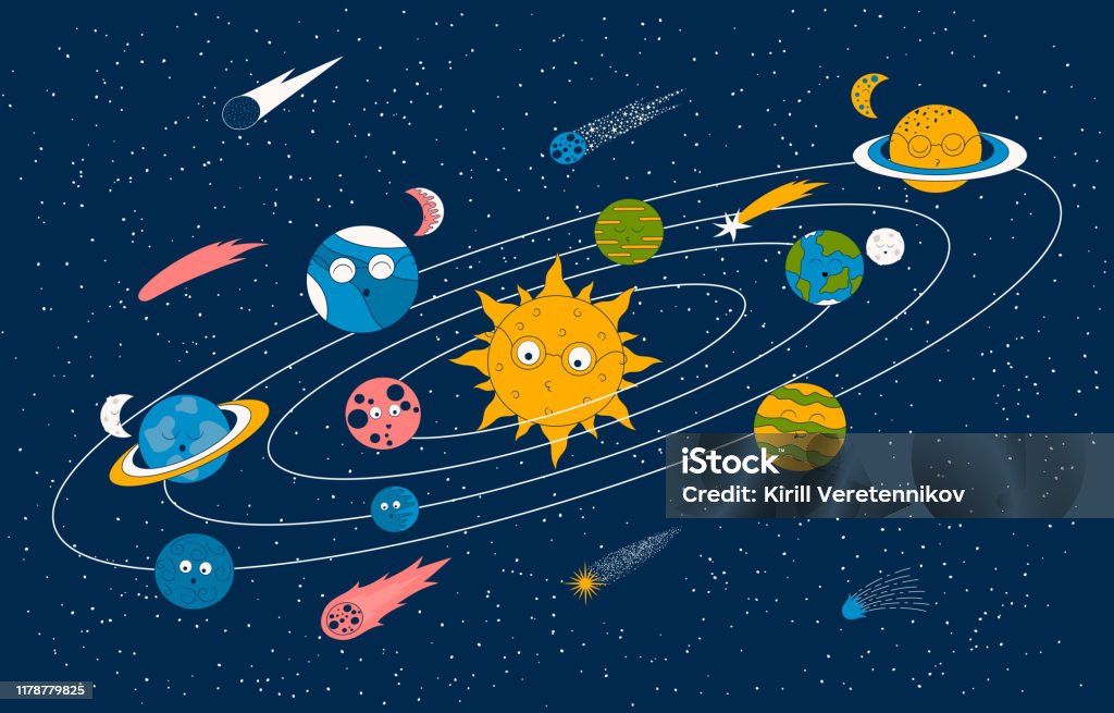 Cartoon Solar System Pattern With Cute Earth Moon Sun And Planets  Futuristic Background With Comets And Stars Galaxy Wallpaper For Kids Stock  Illustration - Download Image Now - iStock