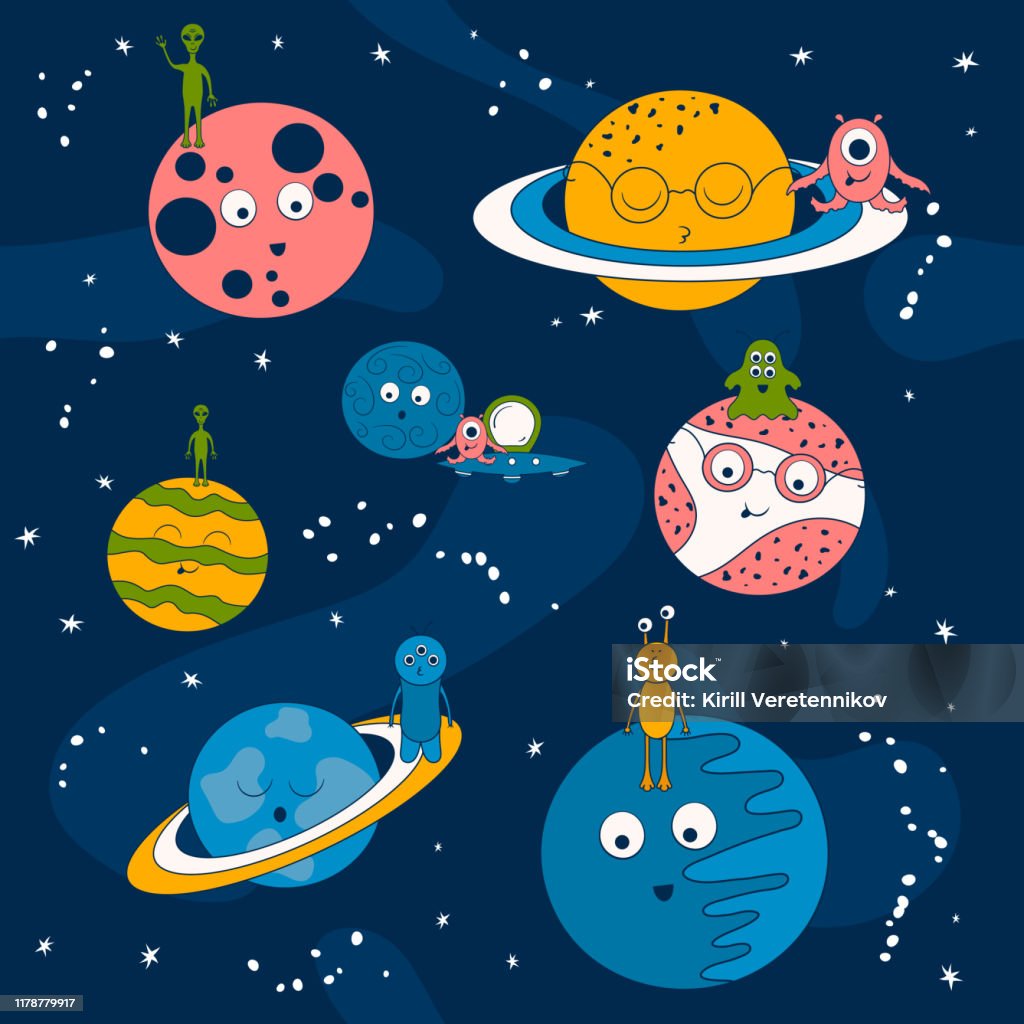 Ilustración de Patrón De Dibujos Animados Con Extraterrestres En Una Nave  Espacial Y Planetas En El Espacio Fondo Futurista Con Monstruos Y Estrellas  Ovinas Fondo De Pantalla Galaxy Para Los Niños y