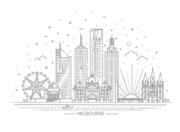 illustrations, cliparts, dessins animés et icônes de horizon de ville d'australie de melbourne sur le fond blanc. illustration de vecteur - melbourne skyline city australia