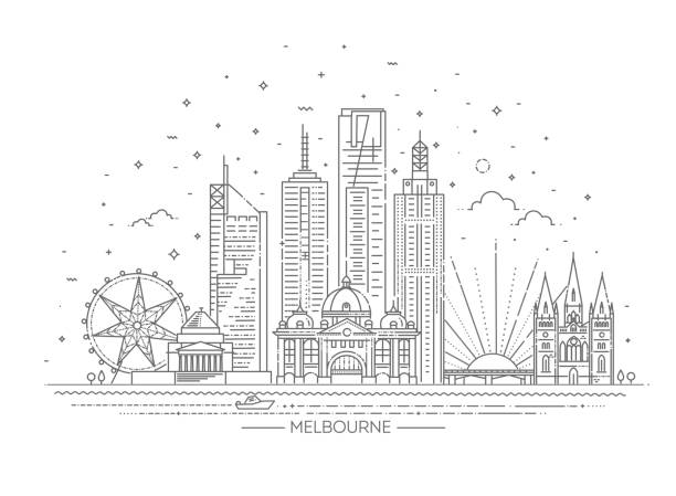 ilustrações, clipart, desenhos animados e ícones de skyline da cidade de melbourne austrália no fundo branco. ilustração do vetor - australia office building melbourne skyline