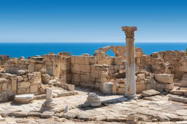 Cyprus ruins of ancient Kourion and Mediterranean sea on background, Limassol District, Cyprus