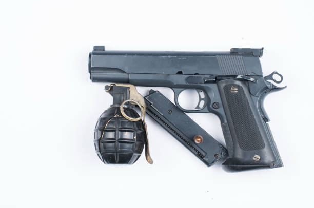 istock Bomb and bullet and gun isolated on white background.Copy space. 1178782852