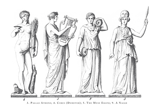Pallas Athene, Ceres (Demeter), The Muse Erato, Naiad, Greek and Roman Gods and Religious Paraphernalia Engraving Antique Illustration, Published 1851. Source: Original edition from my own archives. Copyright has expired on this artwork. Digitally restored.