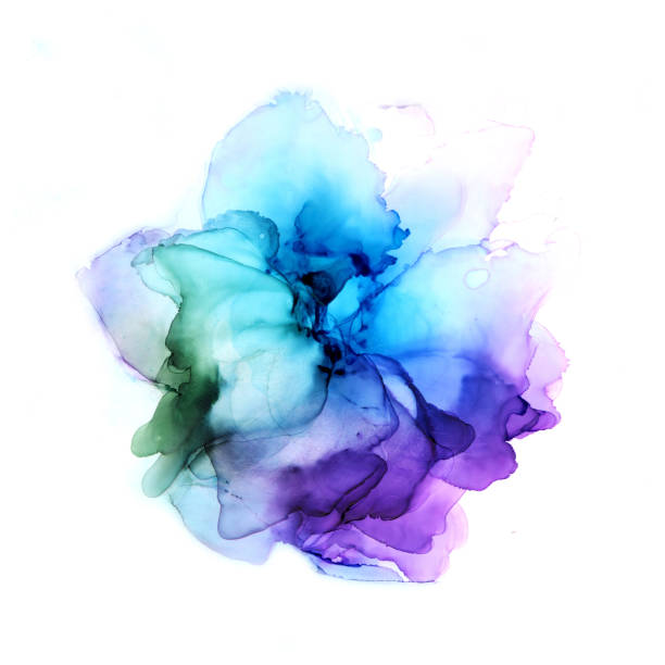 нежный ручной цветок акварели в синих и фиолетовых тонах. алкоголь чернила искусства. растер иллюстрация. - water floral стоковые фото и изображения