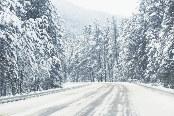 istock Icy snow covered highway curve Montana mountain forest. 1178785010