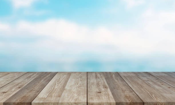 Empty Wooden Planks with Blur Beach on Background