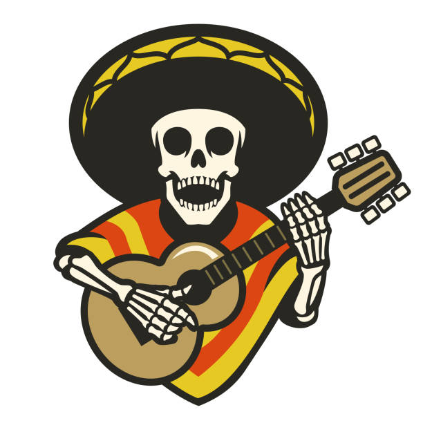 skull wearing sombrero playing guitar vector of skull wearing sombrero playing guitar mexican sarape stock illustrations