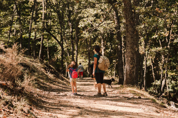 istock Mother and daughter walking trough a path in the woods 1178793679