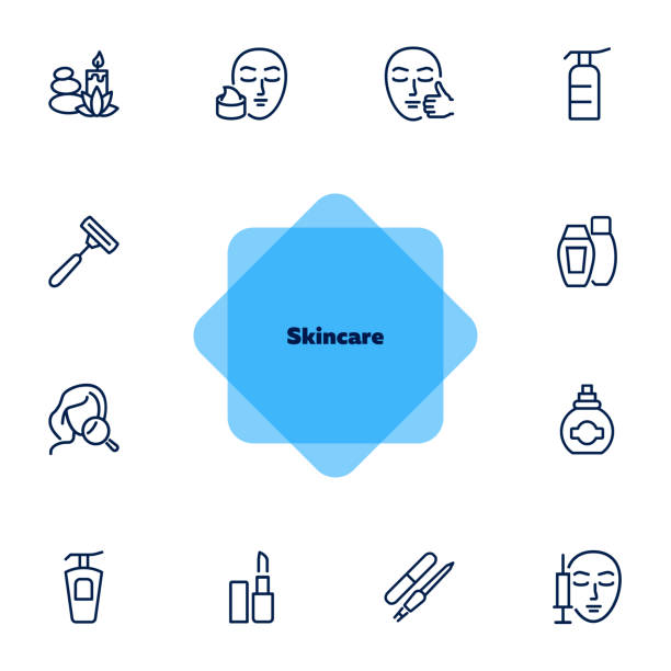 Skin care line icon set Skin care line icon set. Injection, lipstick, manicure. Beautician concept. Can be used for topics like beauty salon, makeup, cosmetology botox bottle stock illustrations