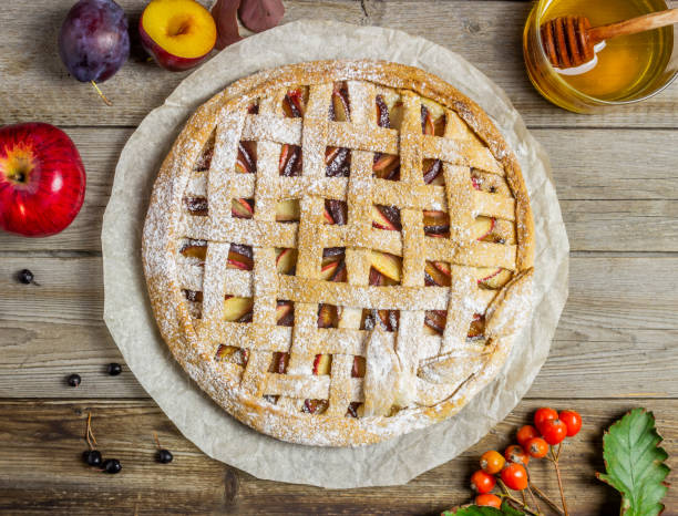 istock Plum apple pie. Cooking. Recipes. Vegetarian food. 1178797559
