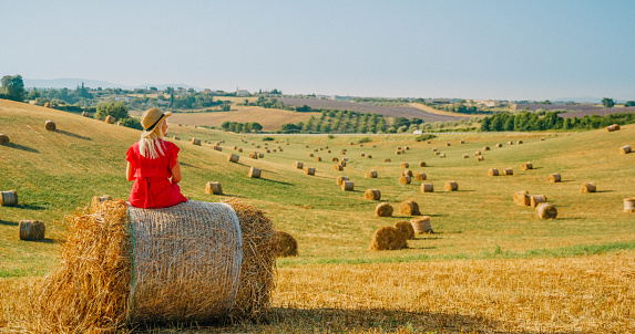 Rear view shot of a single woman in a red dress and a hat sitting on top of a hay bale in a vast field, Valensole, Provence, France