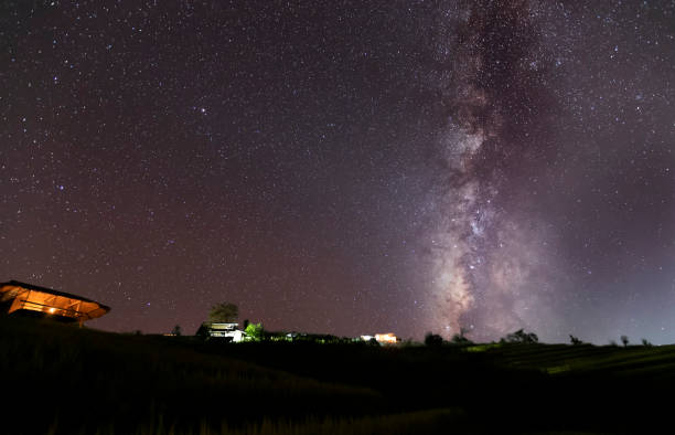 istock Milky Way Galaxy over hut on paddy rice field at night sky. 1178797892