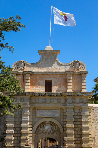 The main gate of the historic city of Mdina in Malta.  Mdina served as the capital of Malta from antiquity to the medieval period.