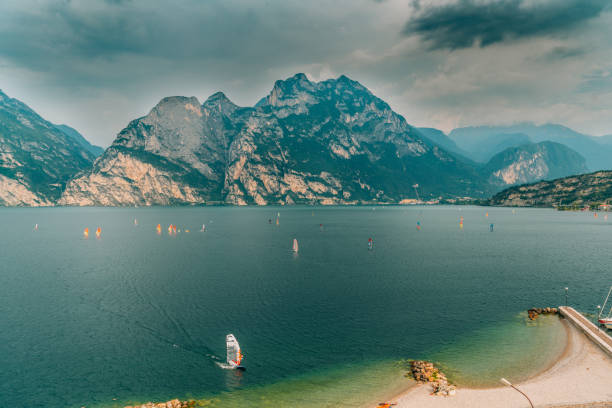 High angle view of windsurfing in Lake Garda, Italy