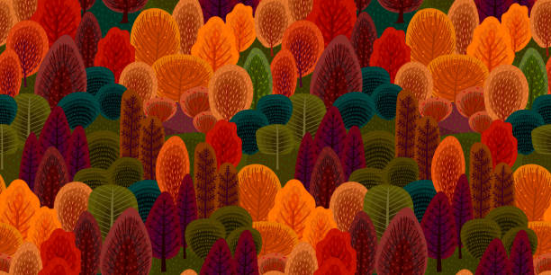 ilustrações de stock, clip art, desenhos animados e ícones de abstract seamless pattern with autumn forest. trees, bushes, grass, foliage. - padrão repetido ilustrações