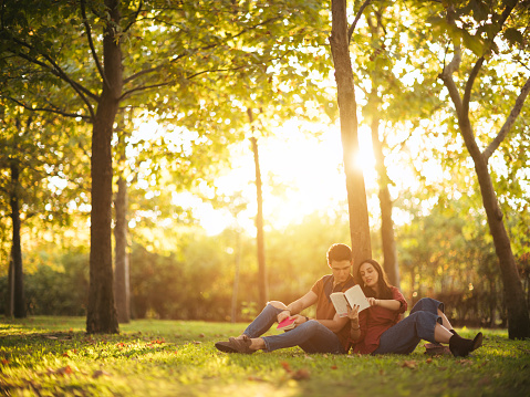 Relaxed young couple reading books while lying on park