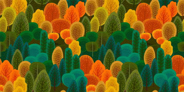 ilustraciones, imágenes clip art, dibujos animados e iconos de stock de patrón abstracto sin costuras con bosque otoñal. arboles, arbustos, hierba, follaje. - fall background