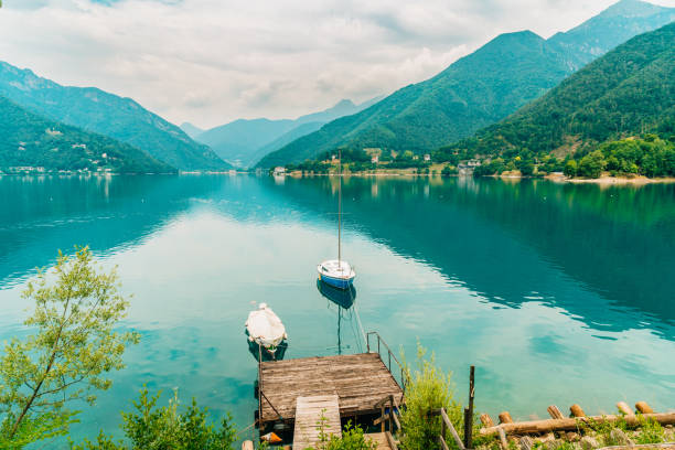 High angle view of mountains reflecting in Lake Garda, Italy
