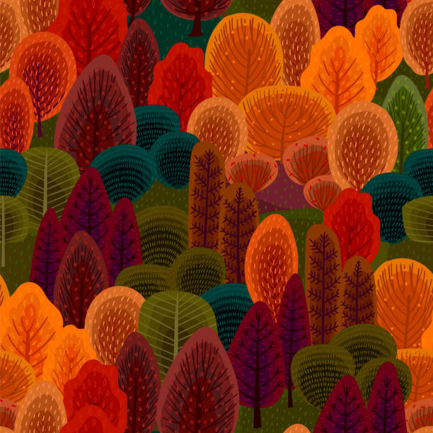 ilustraciones, imágenes clip art, dibujos animados e iconos de stock de patrón abstracto sin costuras con bosque otoñal. arboles, arbustos, hierba, follaje. - autumn branch leaf backgrounds