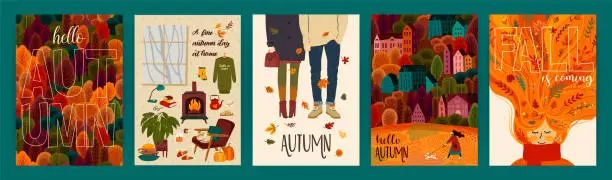 Vector illustration of Set of cute autumn illustrations. Vector templates for card, poster, flyer, cover and other use.