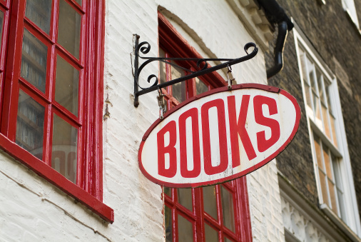 Sign of a traditional English bookstore, simply stating \