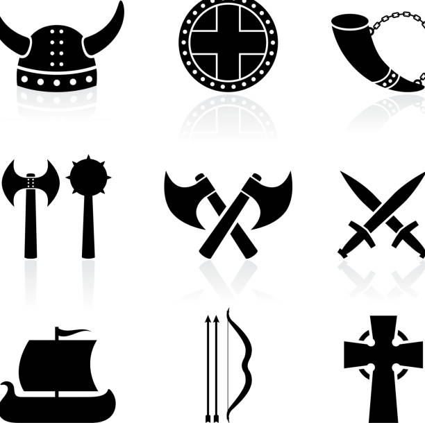 viking schwarz und weiß lizenzfreie vektor icon-set - boat horn stock-grafiken, -clipart, -cartoons und -symbole