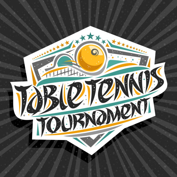 Vector sign for Table Tennis  Tournament Vector sign for Table Tennis Tournament, signage with hitting ball in goal, original brush typeface for words table tennis tournament, sports shield with stars in a row on grey abstract background. ping pong table stock illustrations