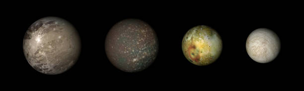 Digitally generated photograph of the main moons of Jupiter: Ganymede, Callisto, Io & Europa.