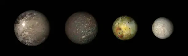 Digitally generated photograph of the main moons of Jupiter: Ganymede, Callisto, Io & Europa.