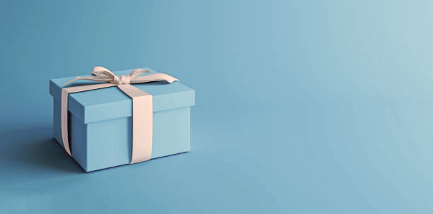 模型海報，嬰兒藍色禮品盒與淺藍色背景的白色蝴蝶結，3d渲染，3d插圖 - 禮物 圖片 個照片及圖片檔