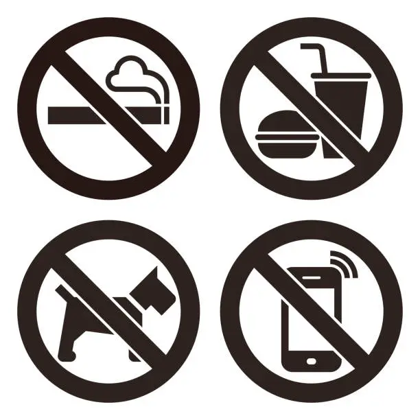 Vector illustration of No smoking, No food or drink, No dogs and No cell phone prohibited signs