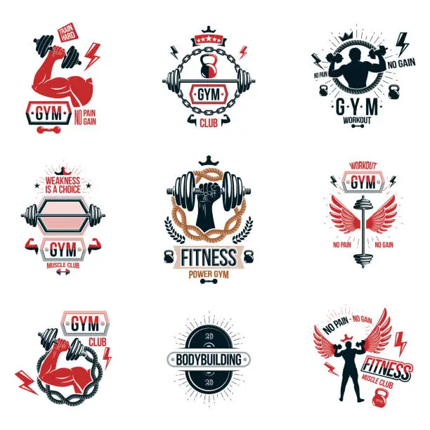 Vector illustration of Vector fitness workout theme emblems and inspiring posters collection created with dumbbells, barbells, disc weights sport equipment and muscular sportsman body silhouettes.