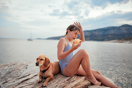 Bee attacking girl wearing stripe swimsuit sitting on the beach with small brown dog while eating apple