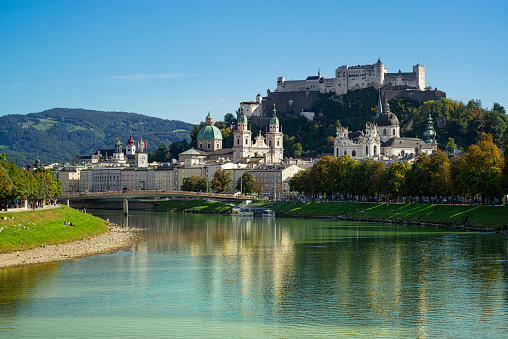 Salzburg, Austria. Historic Town of Salzburg with Salzach. Salzburg is the capital city of the State of Salzburg and the fourth-largest city in Austria. Salzburg was the birthplace of the 18th-century composer Wolfgang Amadeus Mozart.