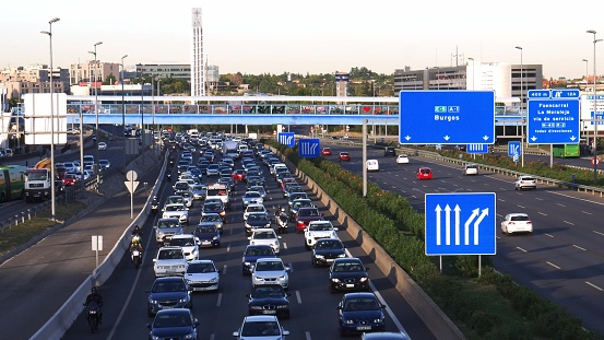 Madrid, Spain - Oct 3, 2019: Heavy commuter highway traffic on the A1 highway in Las Tablas