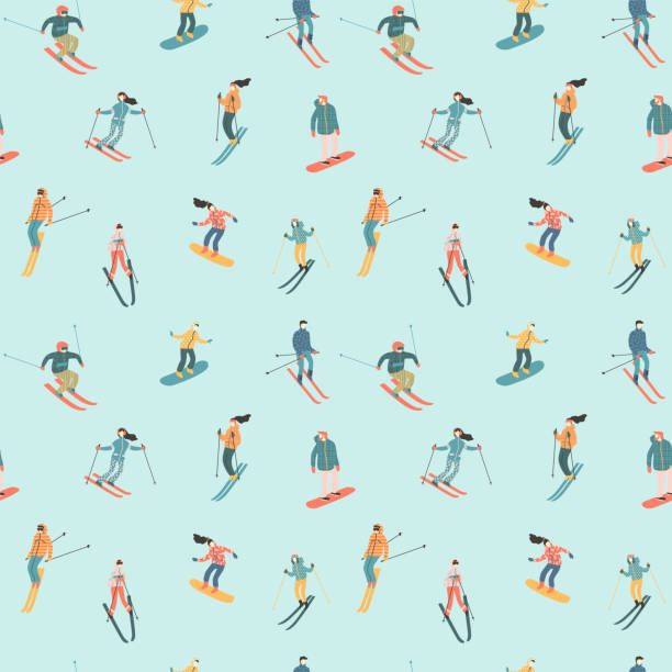 Vector illustration of skiers and snowboarders. Sports men and women in the ski resort. Trendy retro style. Seamless pattern.