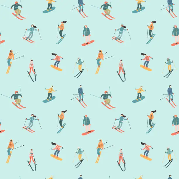 Vector illustration of Vector illustration of skiers and snowboarders. Seamless pattern.