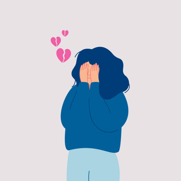 illustrations, cliparts, dessins animés et icônes de jeune femme triste désespérée avec des cris brisés de coeur couvrant son visage avec ses mains. - relationship difficulties depression heart shape sadness