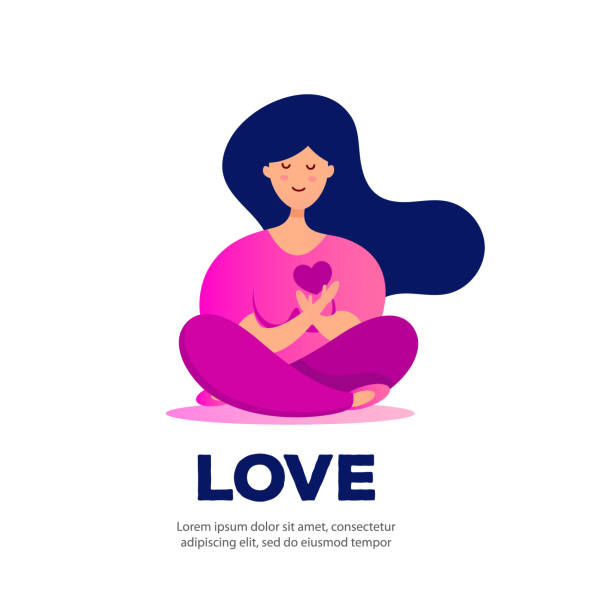 młoda kobieta siedzi w pozycji lotosu i posiada serce miłości. - heart shape pink background cartoon vector stock illustrations