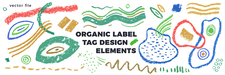 Organic label tag elements on textured background with vector vegan icons, nature abstract signs, natures logo, veganism symbols, organic banner template for trendy design of healthy food, eco-product things.
