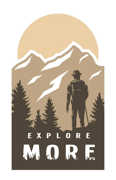 Explore more. Traveler on the background of wildlife. Explore more. Traveler on the background of wildlife. Vector illustration. hiking stock illustrations
